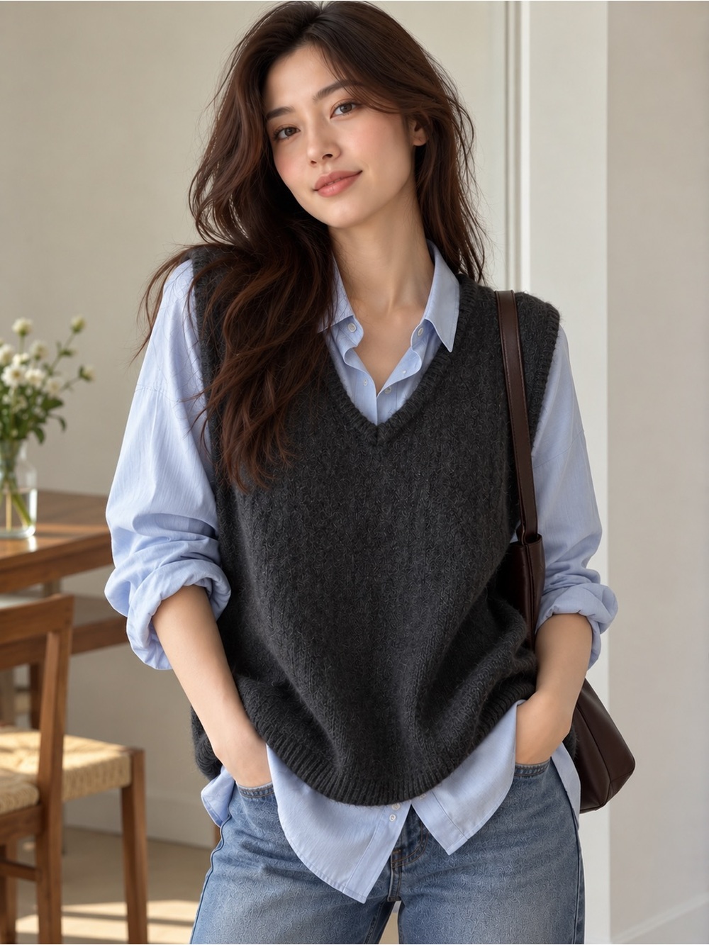 Charcoal V-Neck Knit Sweater Vest - Women